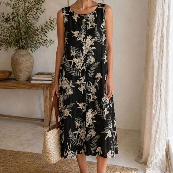 Liz Claiborne Dresses & Skirts - Vintage Linen Blend Black Floral Midi Dress Minimalist Cottagecore 20 Resortwear